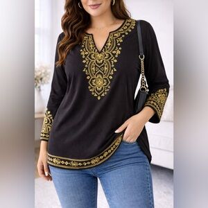 Katherine New York Black & Gold Embroidered Tunic Top | Size Medium | Boho Chic